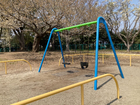 ブランコの奥には複数の木が植えられている