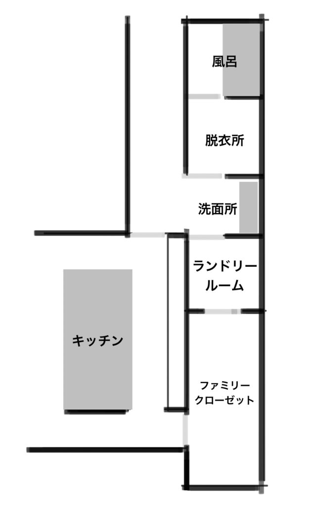 家の間取りの水回り部分を中心に簡易的に示した図面
