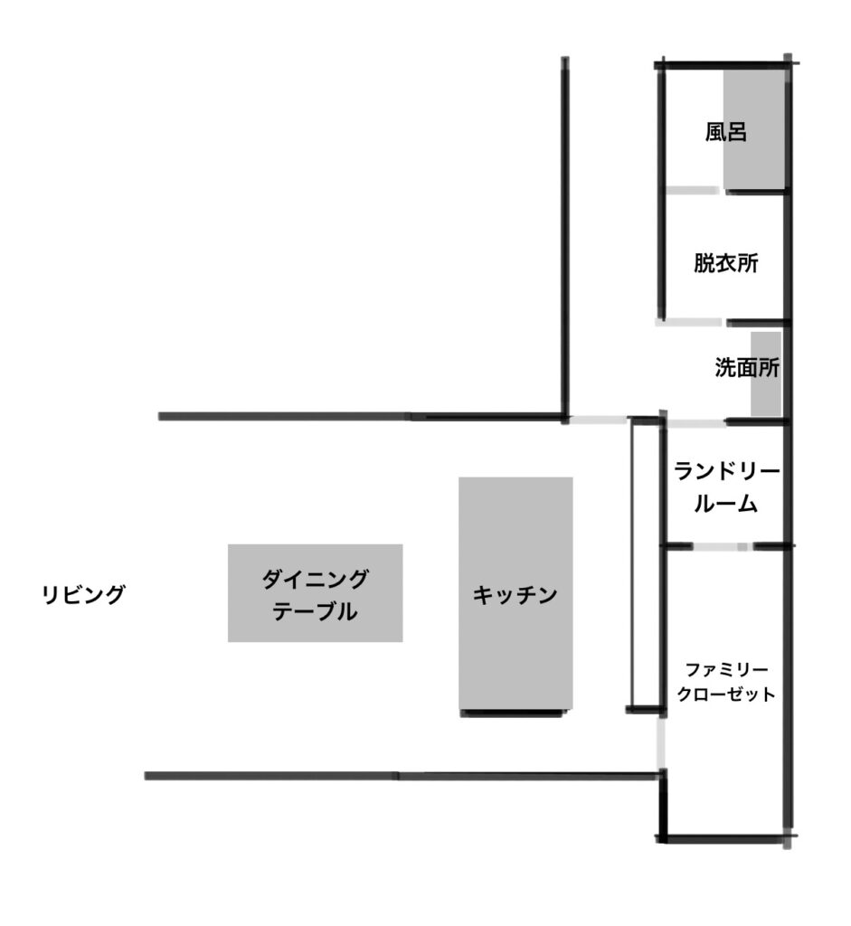 家の間取りの水回りとキッチン部分を中心に簡易的に示した図面
