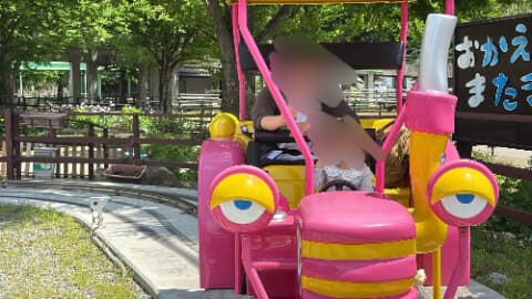 女の子が自動車型のアトラクションに乗っている