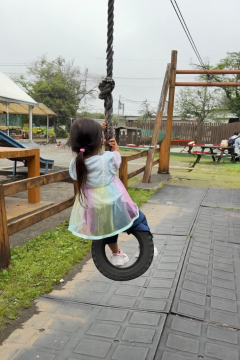 子どもがターザンロープの遊具で遊んでいる