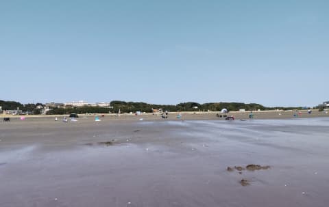 干潮時の浜辺にまばらに人が立っている