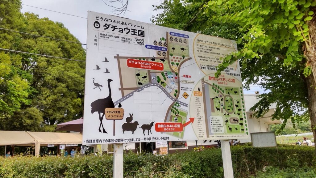 ダチョウ王国という施設の案内看板が立てられている