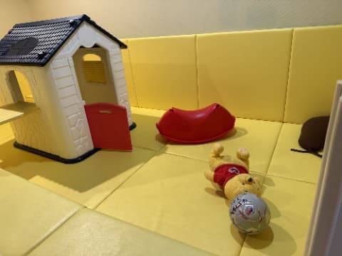 クッションマットの上にぬいぐるみとおもちゃの家が乗っている
