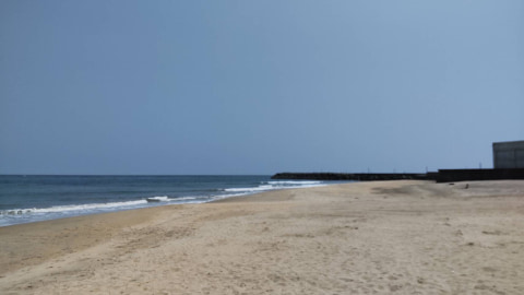 砂浜が広がっており、その先には防波堤がある