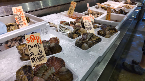 貝や海老などが盛り合わせで陳列されている
