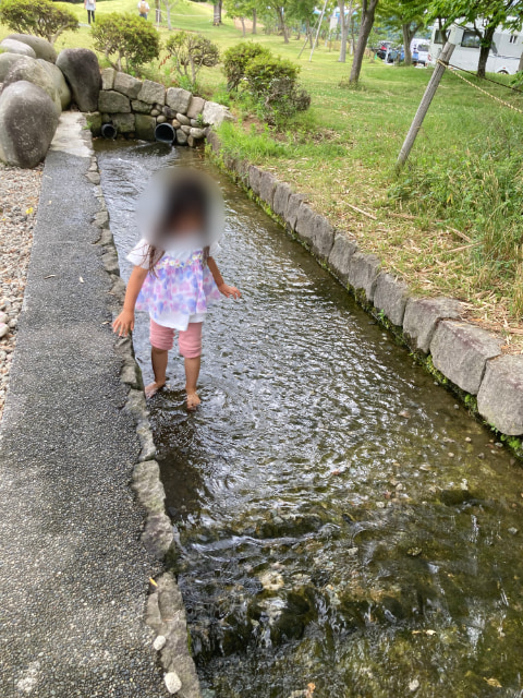 小川を少女が裸足で歩いている